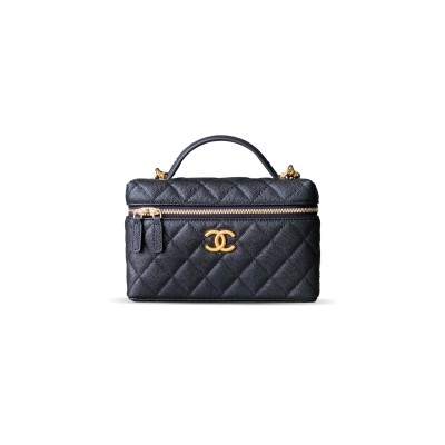CHANEL CC TOP HANDLE LONG VANITY CASE WITH CHAIN SHINY CAVIAR LIGHT GOLD HARDWARE BLACK AP4385 (19.5*17*5cm)
